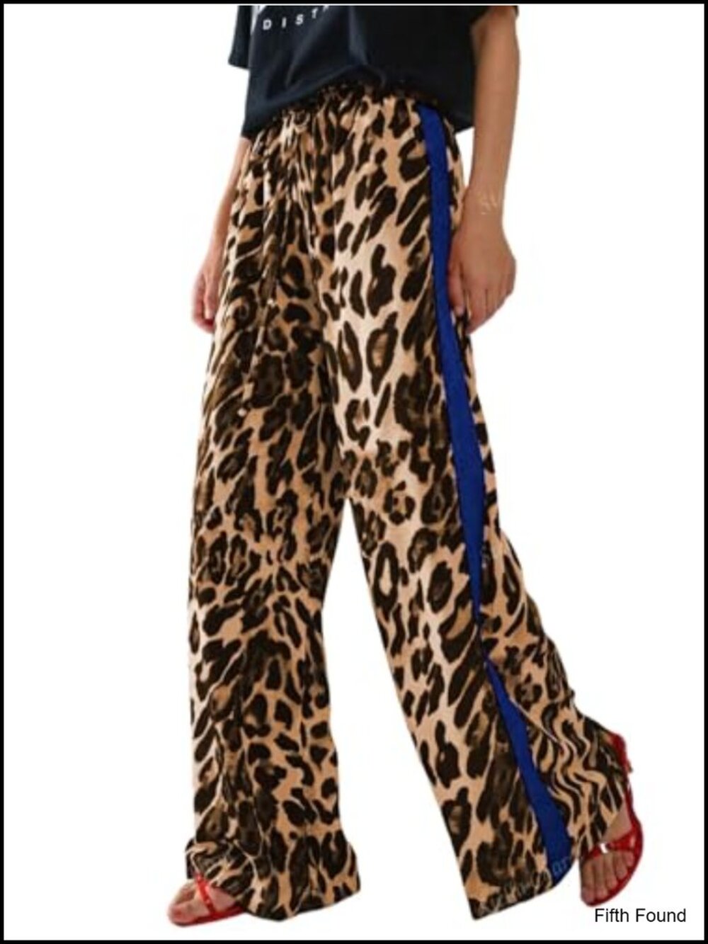 Women's Drawstring Leopard Side Striped Wide Leg Casual Pants